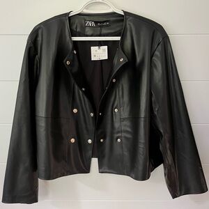 Zara faux leather jacket M black double breasted blazer gold buttons NWT